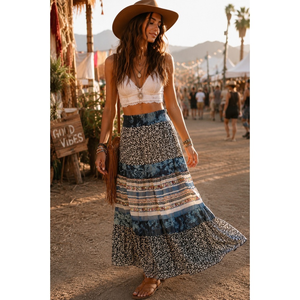 Boho Patchwork Maxi Skirt Tiered Prairie Cottagecore Festival Flowy Size L